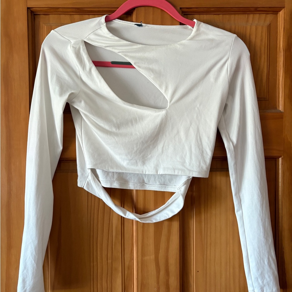 White Long Sleeve Cutout Top